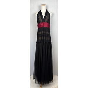 BCBGMAXAZRIA Black Tulle Lace Halter Dress Womens 12 Whimsigoth Maxi Formal Prom